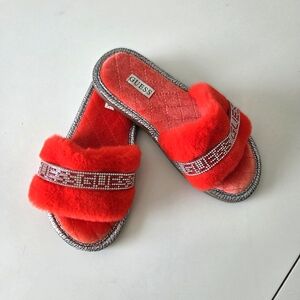 NWOB Guess Slippy Faux‎ Fur Glass Rhinestone Red Silver Cushioned Slippers M